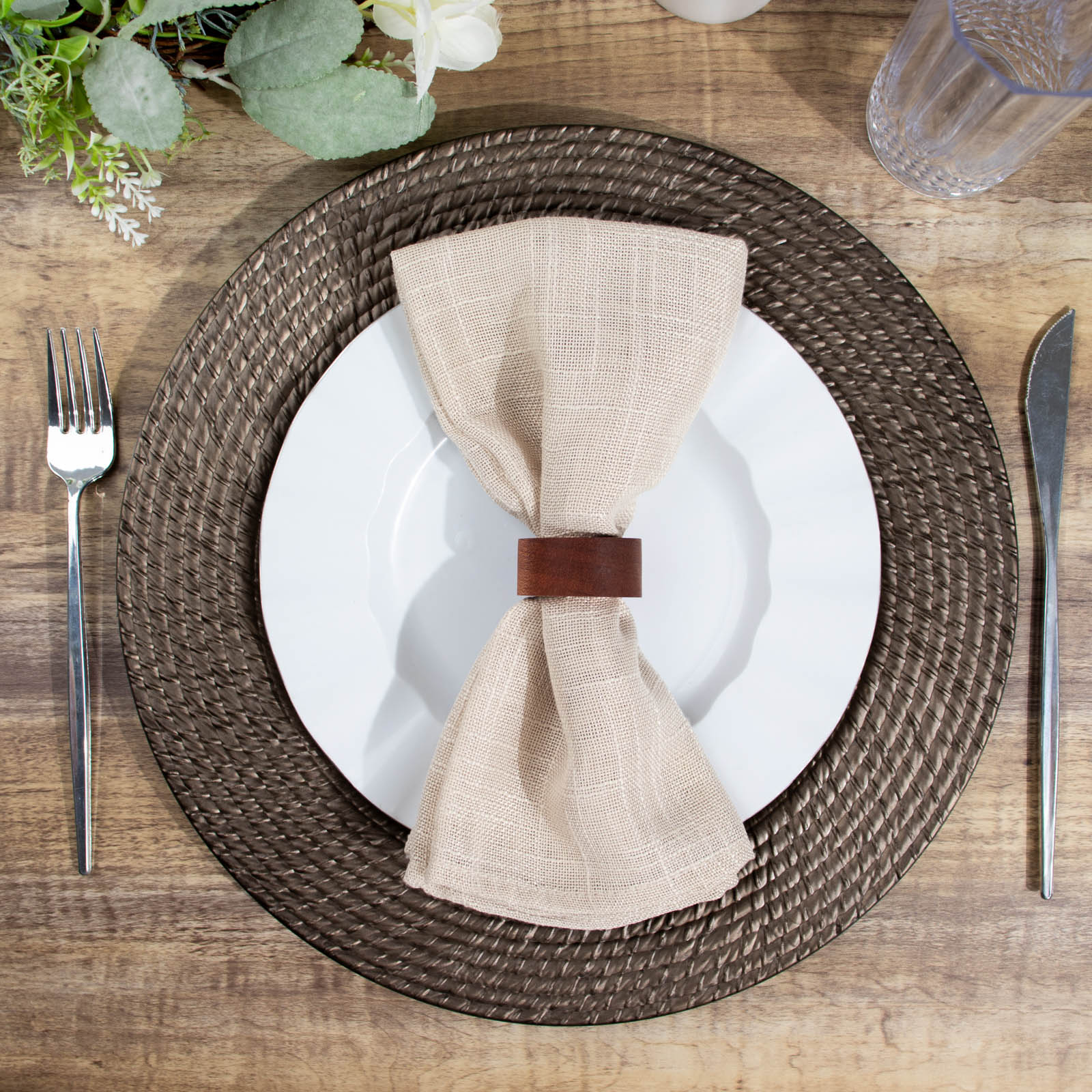 12-Pack Acrylic Charger Plates 13" Round Natural Brown with Rattan-Like Design - Farmhouse Disposable Plastic Charger Tableware - Image 6